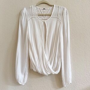 Free People White Crochet Lace Surplice Draped Long Sleeve Blouse Small